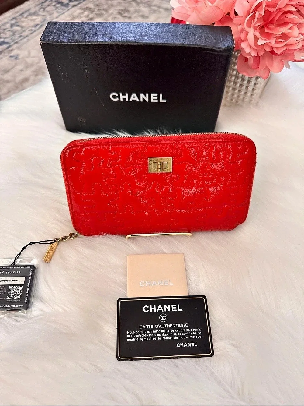 Chanel Red Puzzle Patent Leather Long Zip Around Wallet with Gold-Tone Hardware